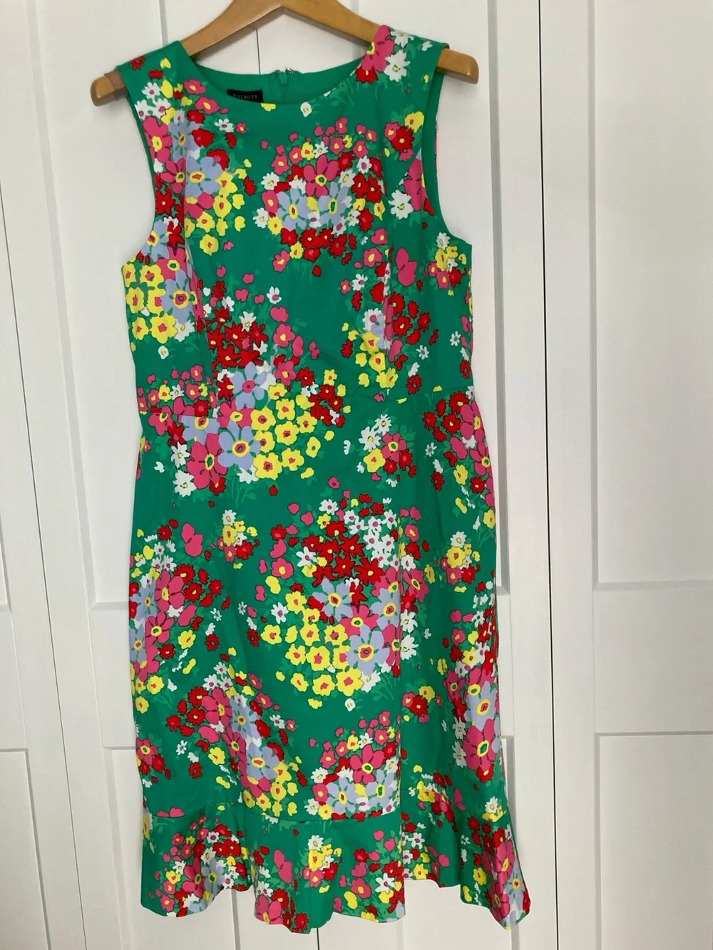 Talbots Green Floral Dress with Bright Multicolor Bloom Print and Ruffle Hem